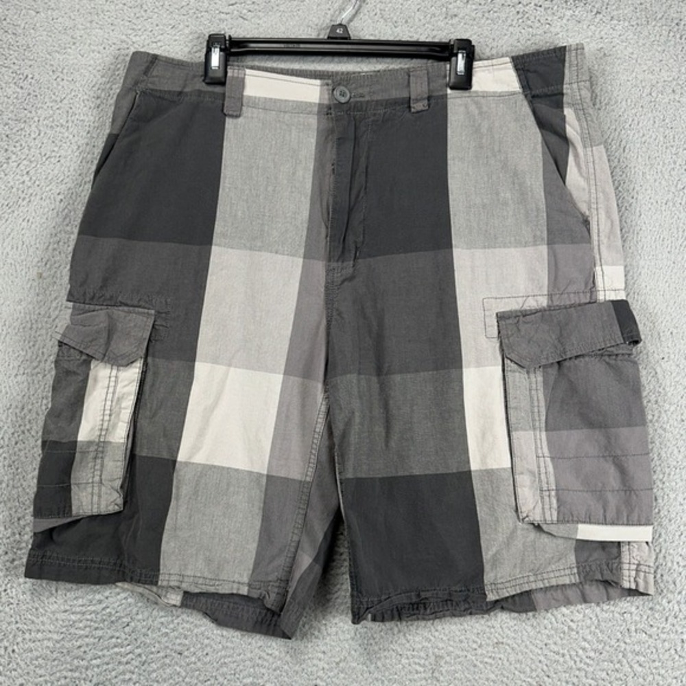 Ocean‎ Pacific OP Cargo Shorts Mens 40 Grey Check 100% Cotton Flat Front Pockets